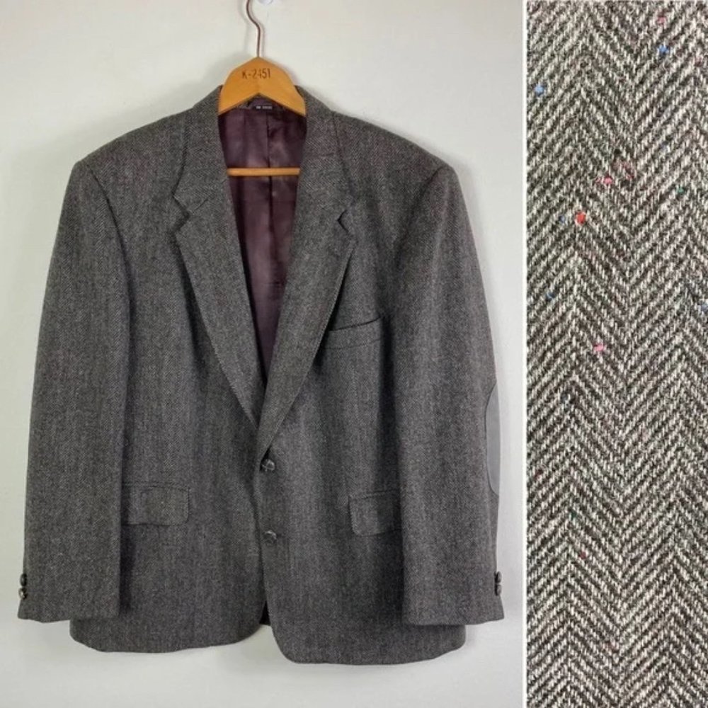 Vintage Towncraft Tweed Herringbone Wool Elbow Patch Blazer Jacket Size 44S